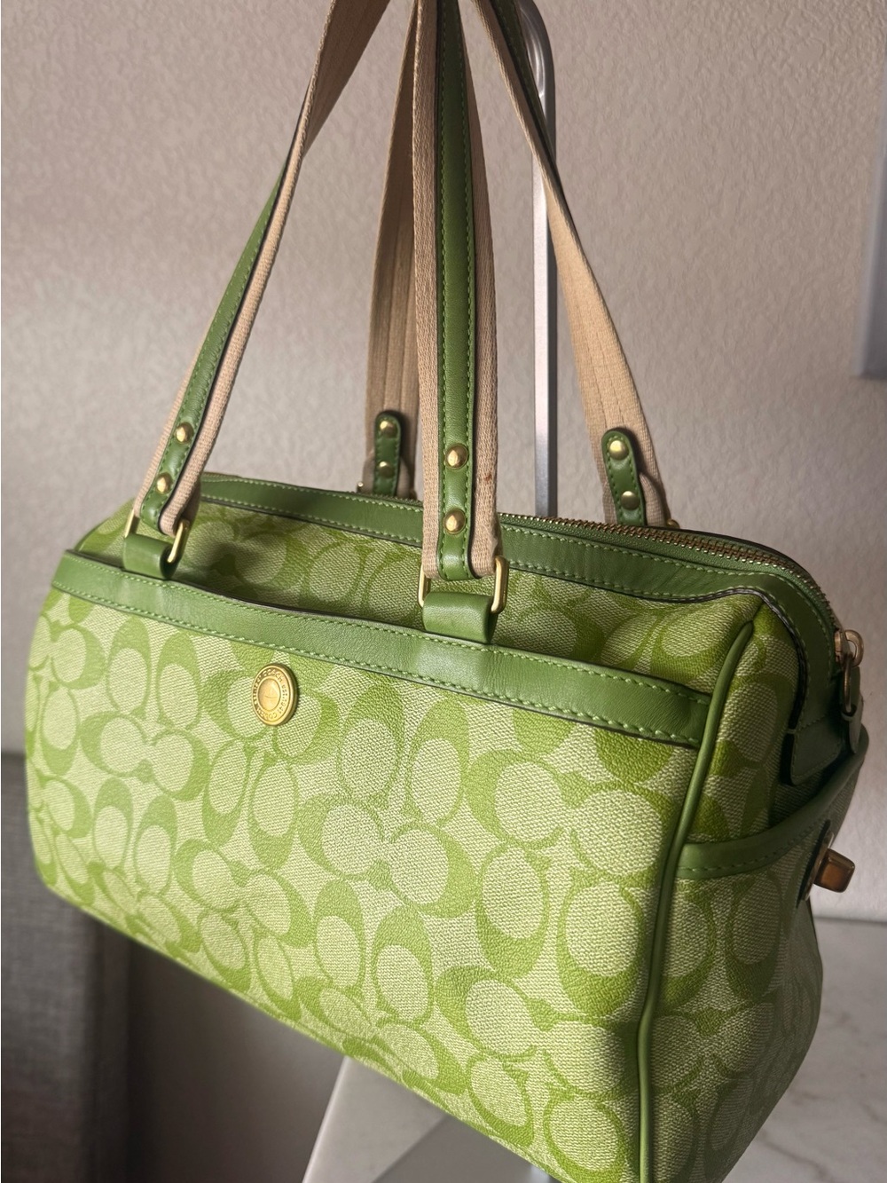 Coach Lime Green Signature Stripe Satchel with White Accents - Picture 3 of 12